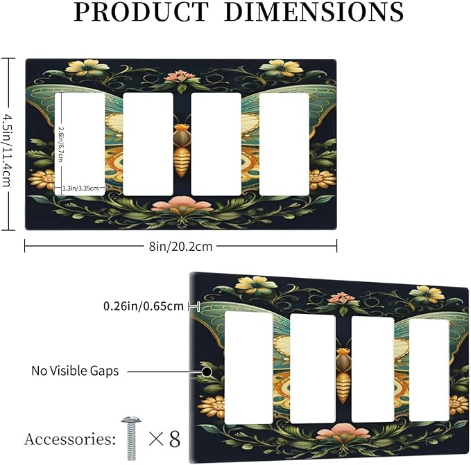 Butterfly Ornate with Flower Light Switch Cover 4 Gang Rocker Decora Outlet Covers Wall Plate Decorative Switchplate Electrical Faceplate GFCI for Farmhouse Living Bedroom Decor