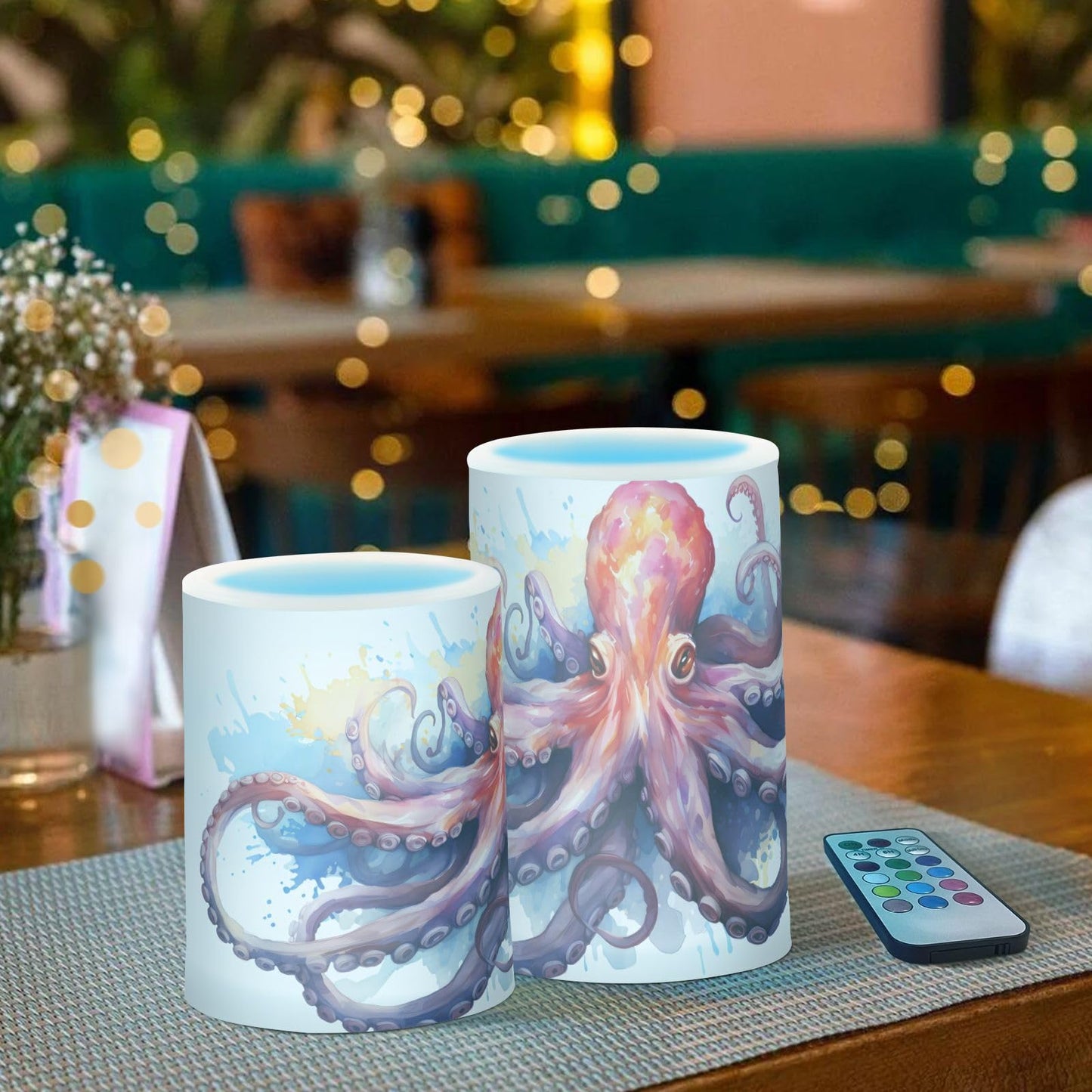 ALAZA Ocean Octopus Flickering Flameless Candles Battery Operated with Remote Timer,Tea Light Candles LED Pillar Votive Candles Set of 2 for Outdoor Indoor Decorations