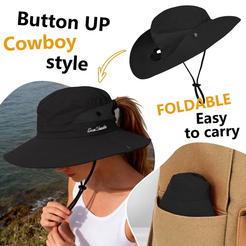 ZOORON 1 Pack Women's Ponytail Safari Sun Hat,Wide Brim UV Protection Outdoor Bucket Hat,Foldable Beach Summer Fishing Hat
