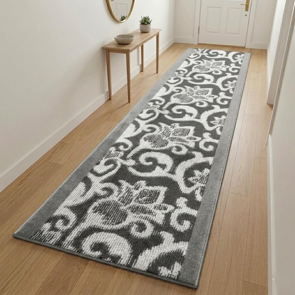 7 Ft Long Non-Slip Washable Carpet Runner Rug with Rubber Backing, Custom Floor Mat for Kitchen Hallway Stairs Bedroom Bathroom Entryway, Your Choice of Length, Lily Anthracite (26" X 7')