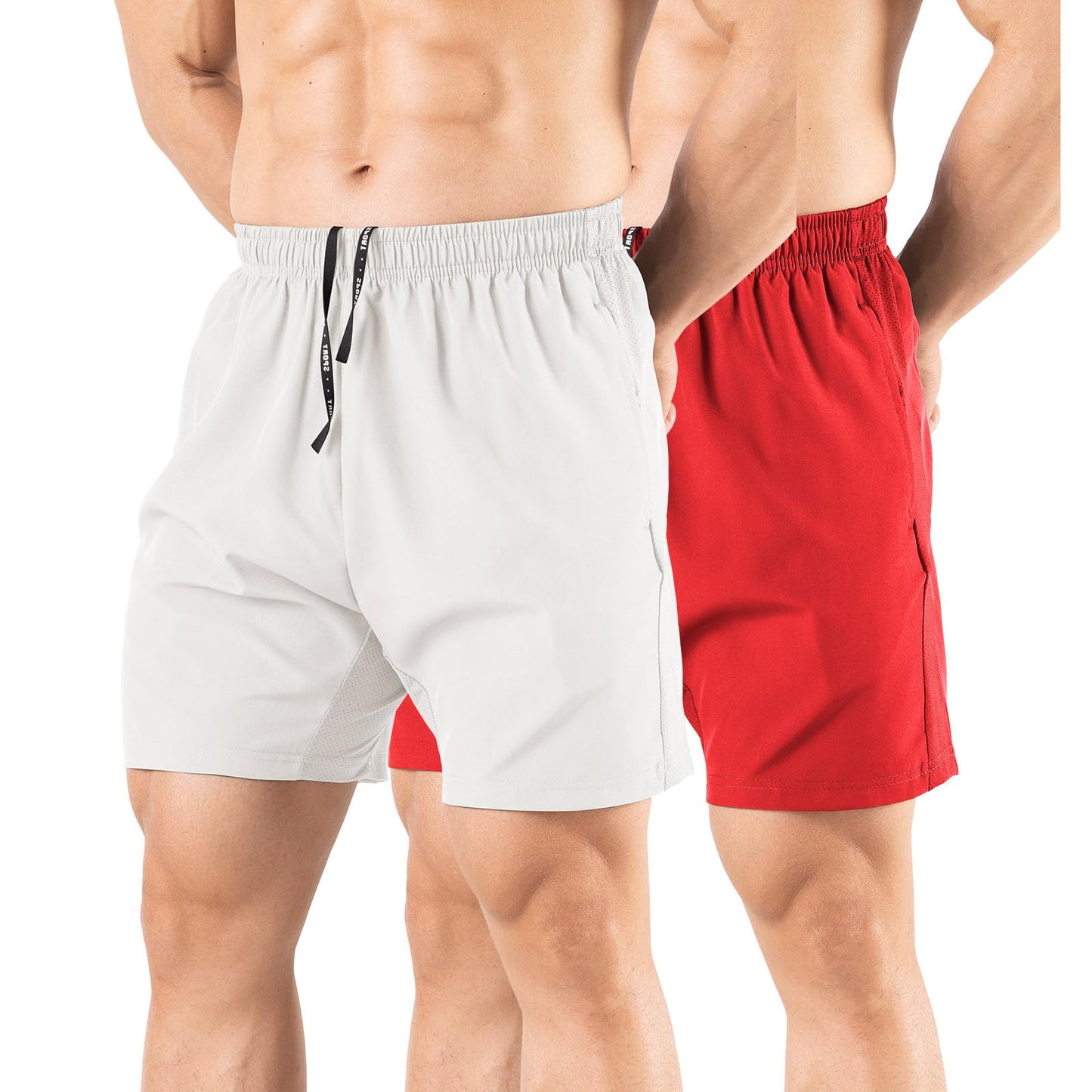 Gaglg Men's 5" Running Shorts 2 Pack Quick Dry Athletic Workout Gym Shorts with Zipper Pockets White/Red,Small
