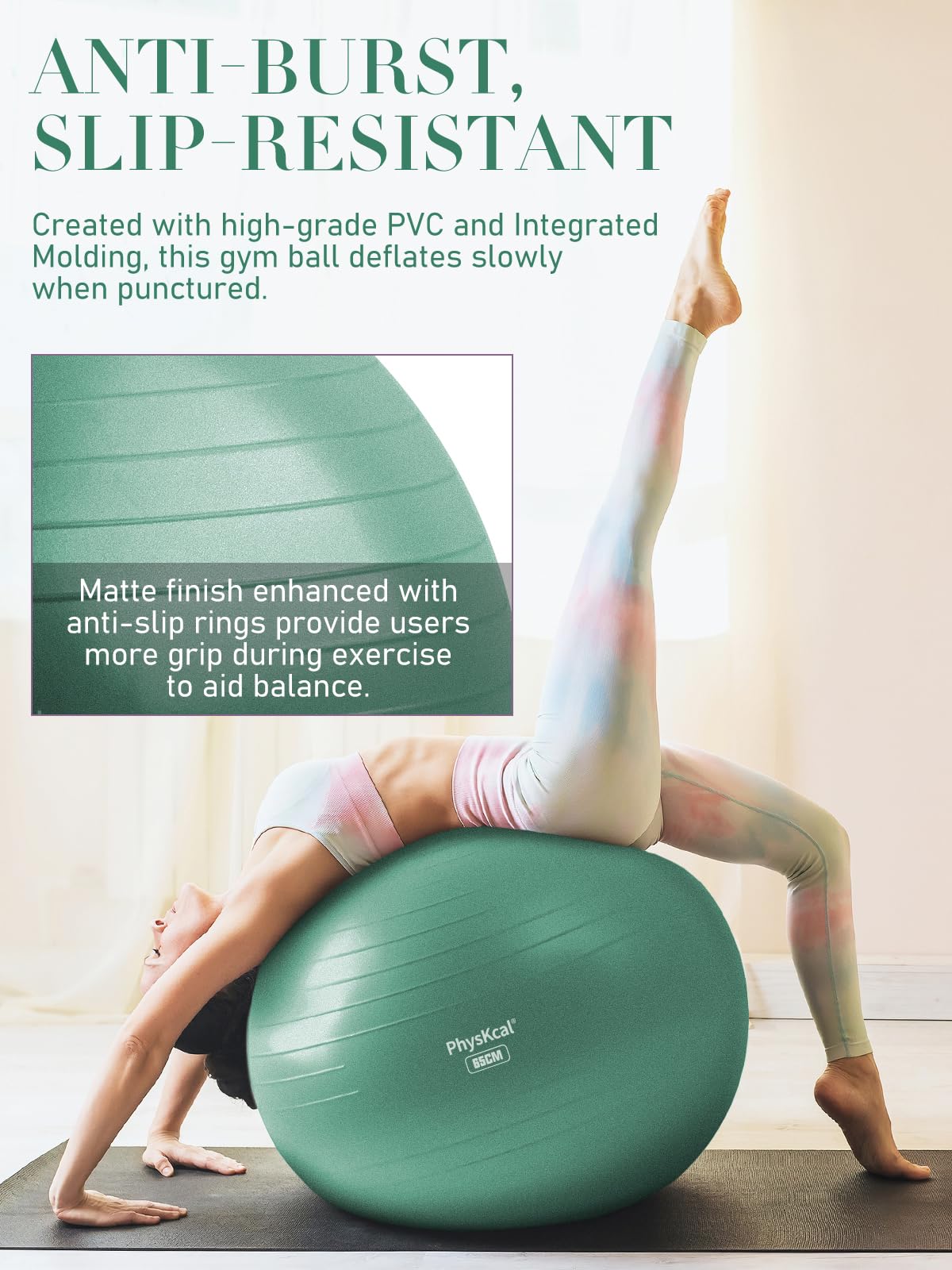 PhysKcal Exercise Ball Set, 33'' Yoga Ball for Pilates, Physical Therapy, Pregnancy-Swiss Ball for Physio, Stability, Fitness, Office Chair-Green