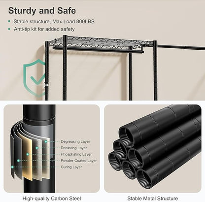 SEMHOR E01 Expandable Heavy Duty Clothes Rack, Free Standing Closet System Organizer, Adjustable Portable Carbon Steel Garment & Clothing Racks for Hanging Clothes (72.5-96"), 800LBS Max Load, Black