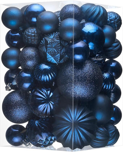 JORNOY Christmas Tree Ornaments Set, 47 Pack Assorted Shatterproof Hanging Balls Decorations, Plastic Bulbs Bulk with Lanyard for Home Holiday Party Decor, 3-Sizes (Navy Blue)