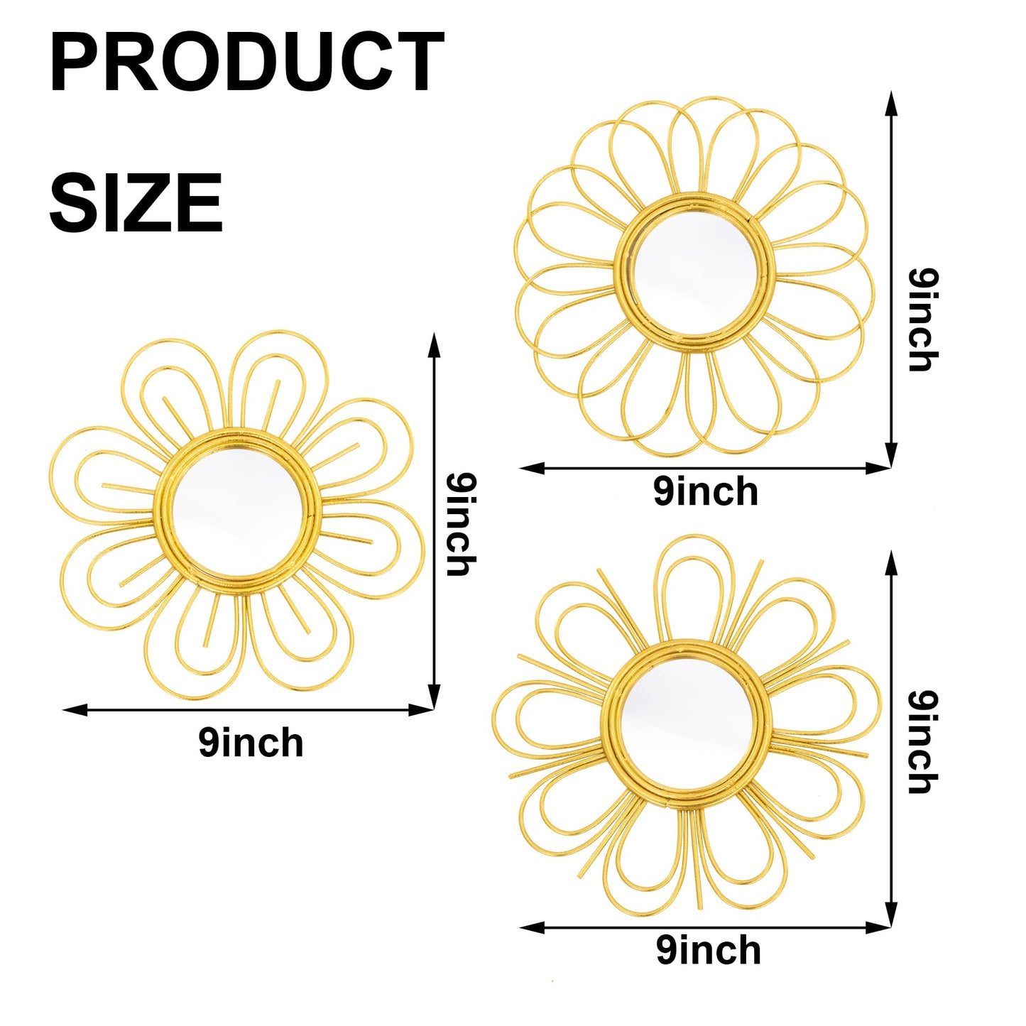 Gold Mirrors 3 Piece, 9 inch Flower-Indoor Shaped Mirror Hanging Wall Decor