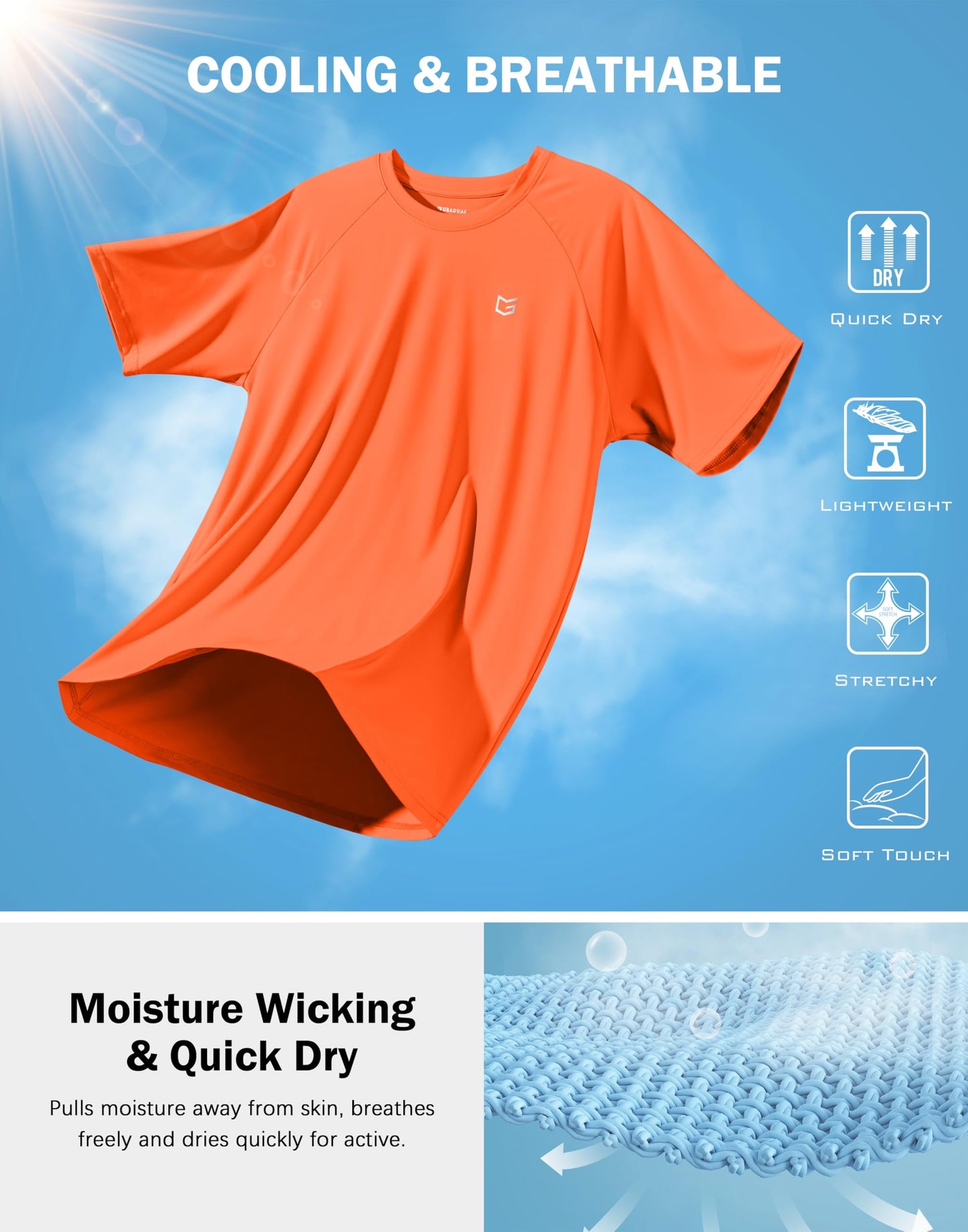 G Gradual Men's Athletic Workout T-Shirts Moisture Wicking Cooling Running Shirts Short Sleeve Performance Tee for Gym Tennis(Orange,XL)