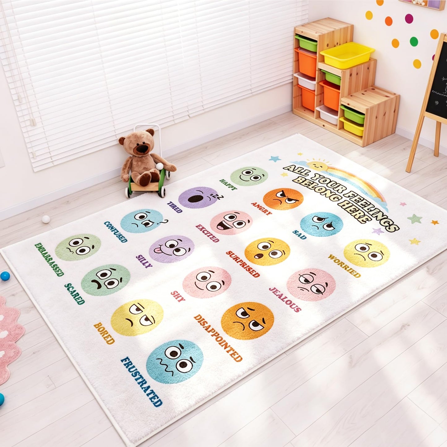 UJG 4×3.3 ft Back to School Calming Corner, Calm Down Corner, Classroom Rug, Feelings Chart Emotion Reading Rug Soft Fluffy Mental Health Floor Mat for School Living Bedroom Playroom