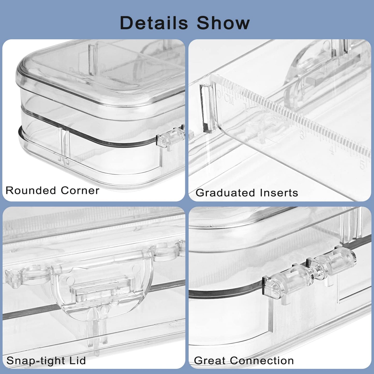 BTSKY Double Deck Pencils Box Clear Plastic Stationery Box with 4 Removable Ruler Dividing Spacers Multi-grid Home Utility Boxes with 6 Compartments for Pencils Erasers Clips (Clear)
