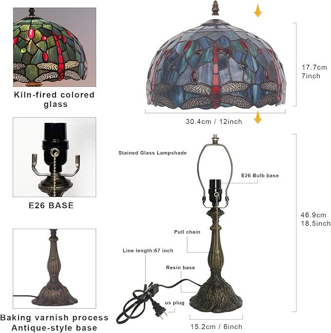 Tiffany Table Lamp Stained Glass Bedside Table Lamp Desk Reading Light 12 Inches Bedroom Living Room Home Office Decor Lamp（Red Dragonfly）