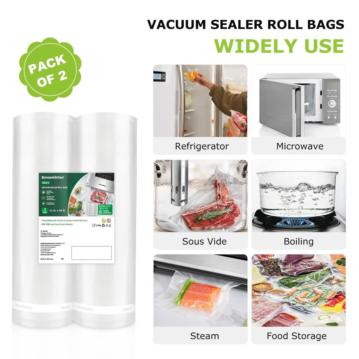 Bonsenkitchen Vacuum Sealer Bags, 11 in x 50 ft Rolls 2 Pack Seal Bags for Food Storage Saver, BPA Free, Commercial Grade Textured Food Roll Bags, Customized Size Bag for Sous Vide Cooking,VB3210