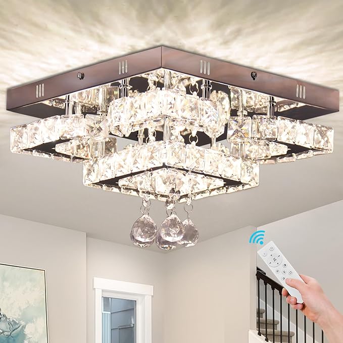 CXGLEAMING 11.8" Modern Crystal Chandelier LED Ceiling Light Fixture Suitable for Kitchen Corridor Hallway Bedroom Bathroom Dining Room 4 Petals/Raindrop Ball Square Remote Control/APP (dimmable)