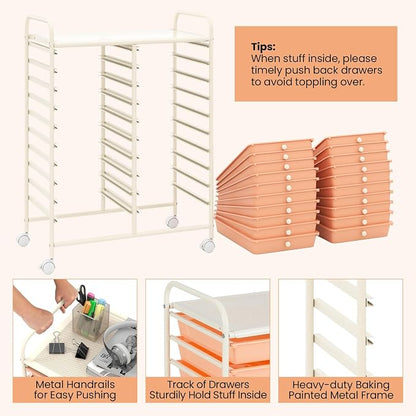 COSTWAY 20-Drawer Rolling Storage Cart, Utility Storage Organizer Cart for Tools, Scrapbook, Paper, Craft, Multipurpose Storage Trolley on Wheels for Home Office School, Peach