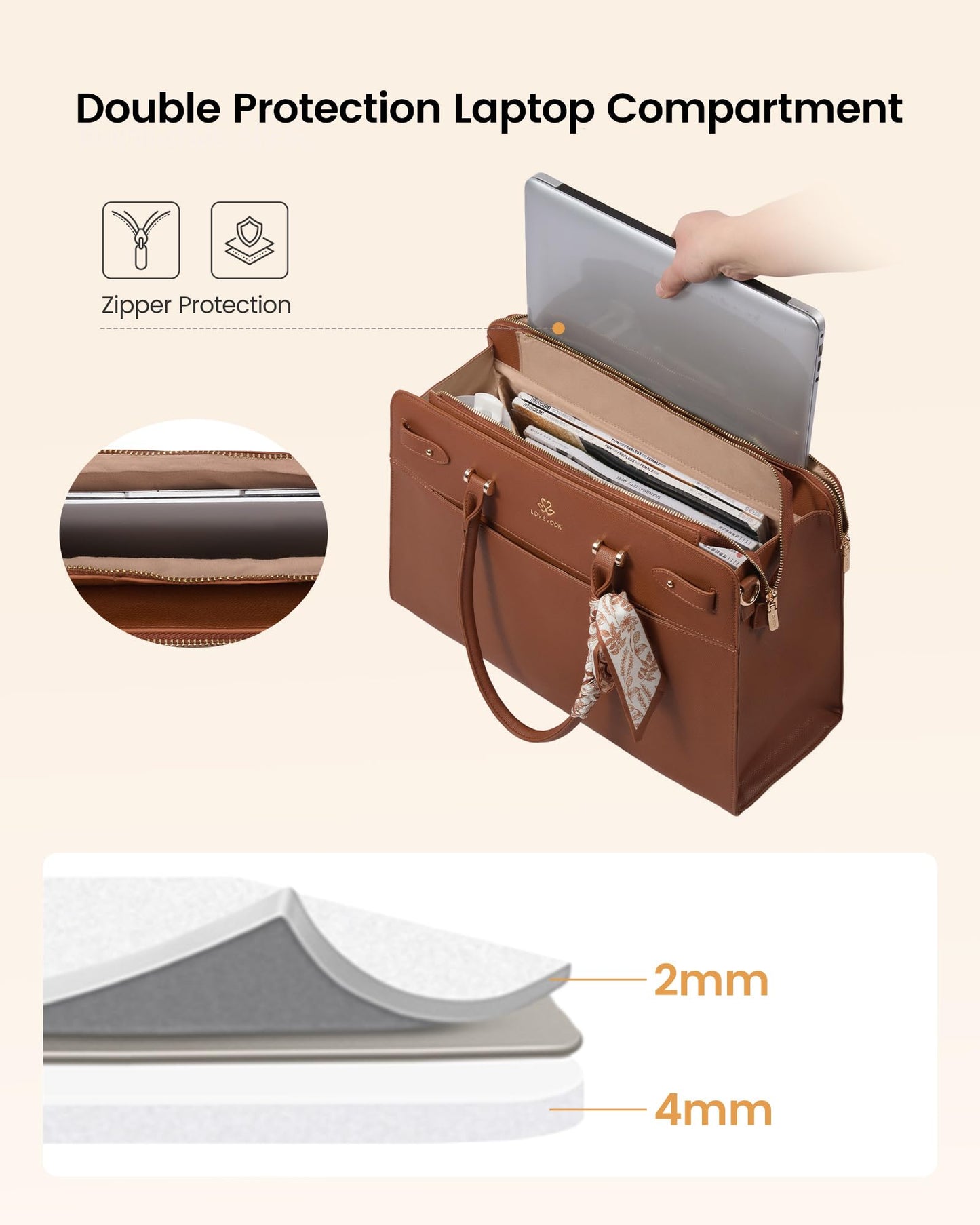LOVEVOOK Laptop Tote Bag for Women, 17.3 Inch PU Leather Work Bag Waterproof Computer Briefcase Handbag for Teacher Business Office with Silk Scarf, Deep Brown-1