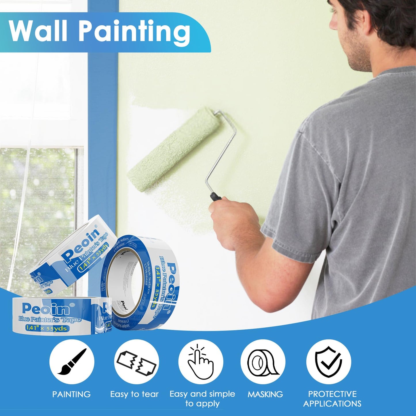Peoin Blue Painters Tape 1.5 Inch Bulk, 32 Roll Painting Tape Blue Masking for Painting Wall DIY Edge, Paint 1.41 Inch 55 Yards X 32 Rolls 1760 Total Yards