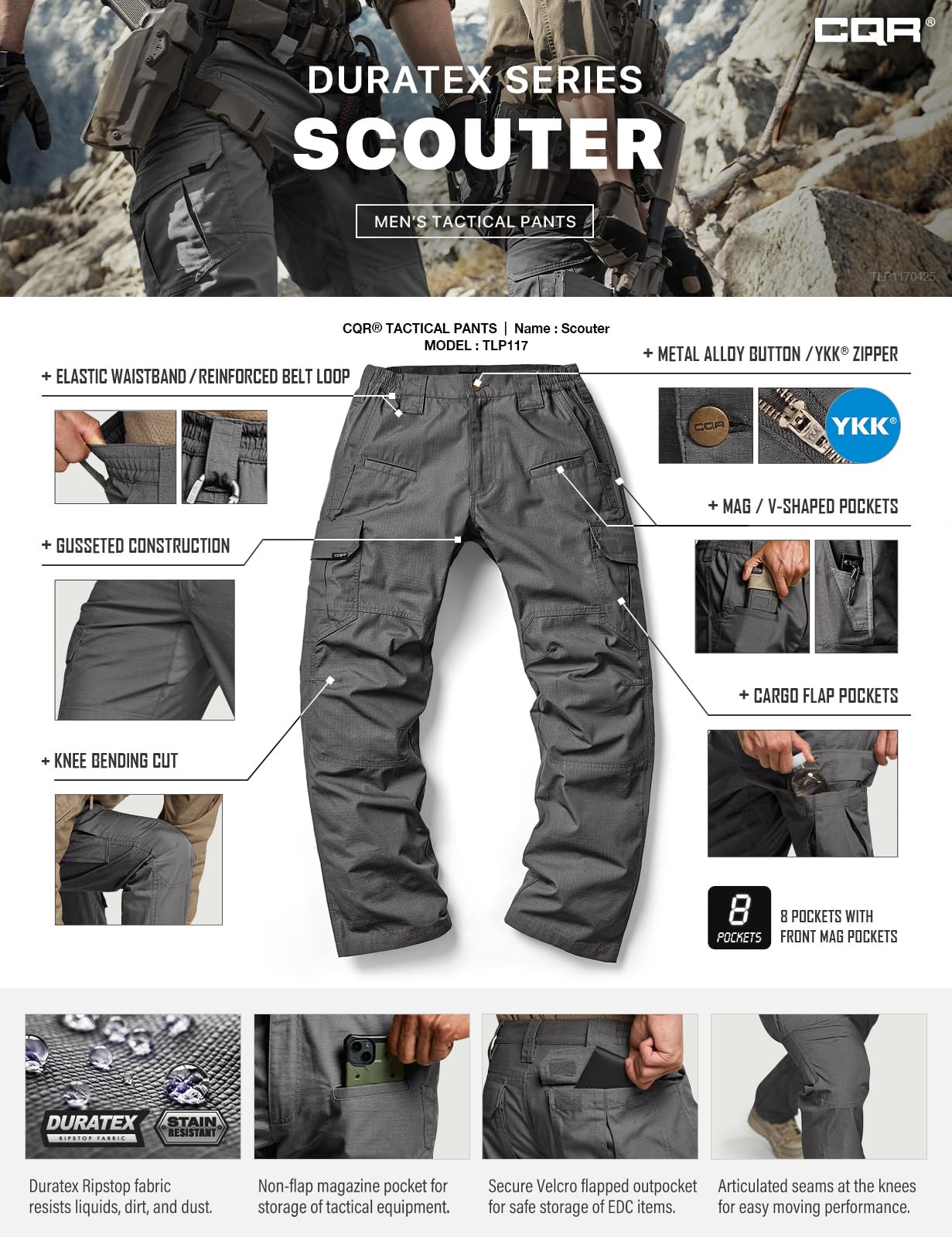 CQR Men's Tactical Pants, Water Resistant Ripstop Cargo Pants, Lightweight EDC Work Hiking Pants, Outdoor Apparel, Raider Charcoal, 38W x 34L