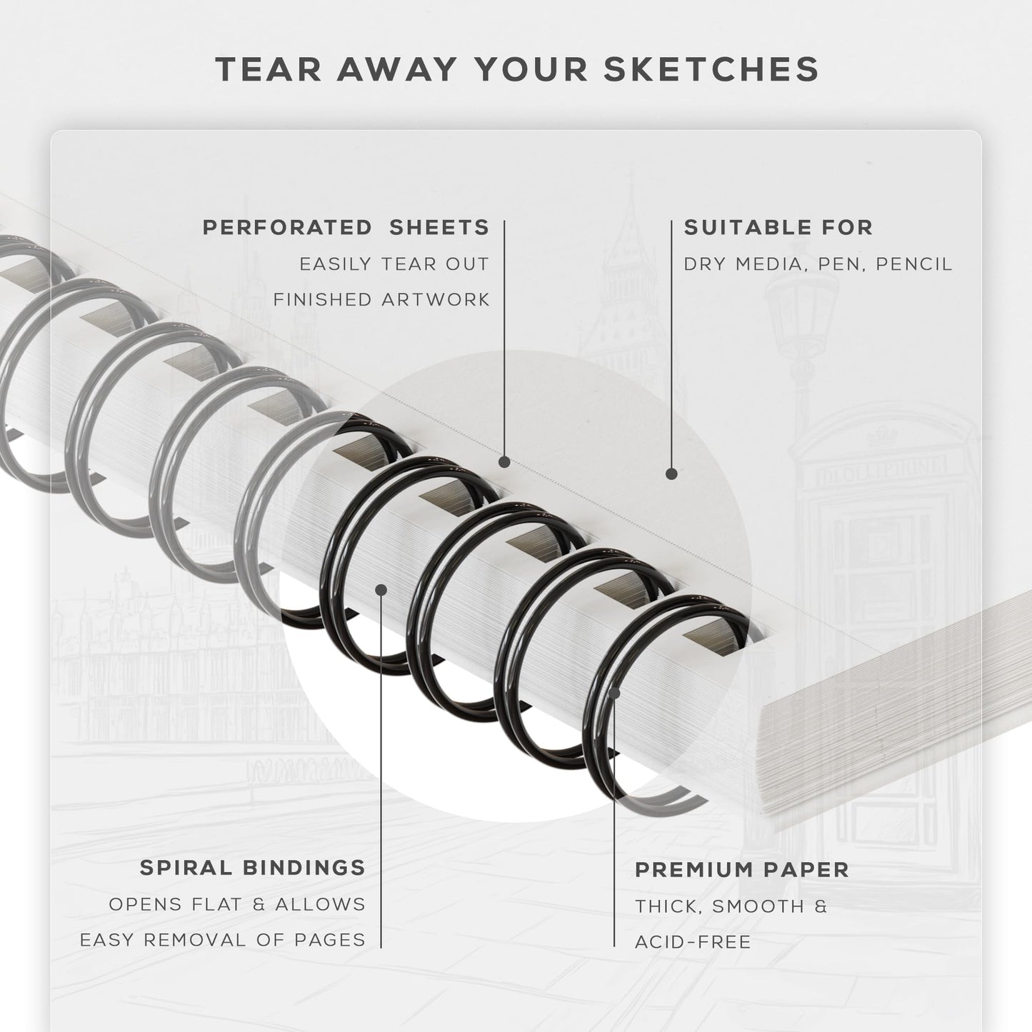 BEECHMORE BOOKS 5.6"x8.5" Spiral Sketchbook – 140 GSM Acid-Free Paper, 100 Perforated Pages, A5 Art Sketch Pad for Drawing & Sketching, Artists, Adults