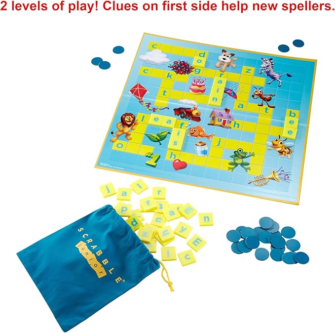 Mattel Games Scrabble Junior Kids Crossword Game with 2-Games-in-1 2-Sided Game Board for 2 to 4 Players Ages 6 to 10 Years Old Y9667