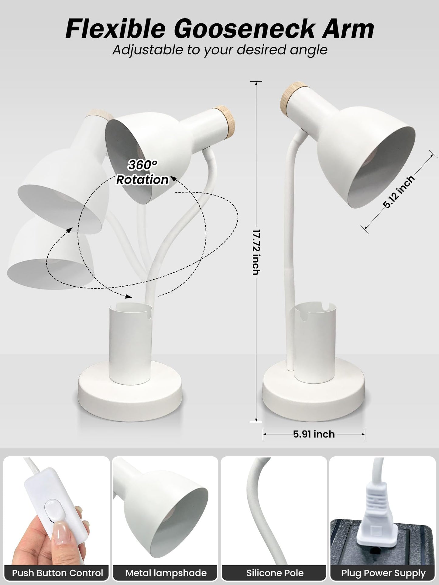 Desk Lamp, LED Desk Lamps for Home Office, 3 Color Modes Eye-Caring Reading Light, Flexible Gooseneck Desk Light with Pen Holder, Table Lamp for Bedroom Bedside College Dorm Study Room (White lamp)