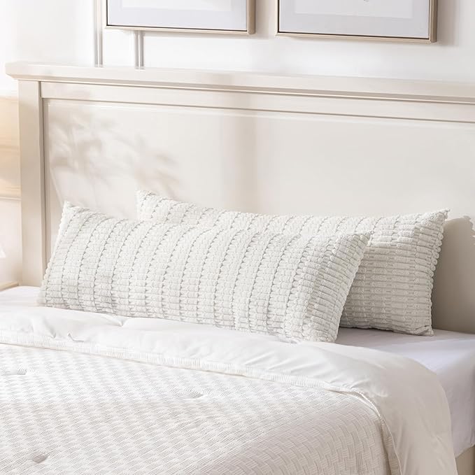 Fancy Homi Cream Boho Long Body Lumbar Decorative Throw Pillow Cover 14x36 Inch for Bed Couch Bedroom Bench, Soft Corduroy Rectangle Solid Pillow Case 35x91 cm, Rustic Farmhouse Room Decor