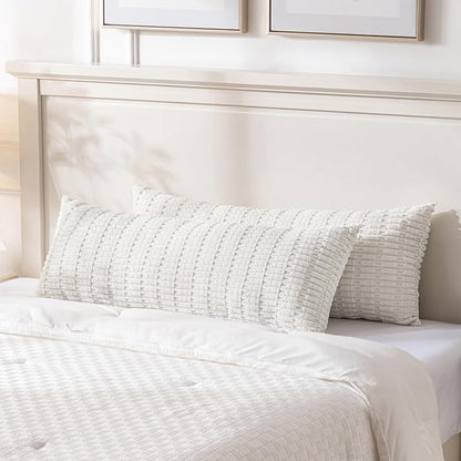 Fancy Homi Cream Boho Long Body Lumbar Decorative Throw Pillow Cover 14x36 Inch for Bed Couch Bedroom Bench, Soft Corduroy Rectangle Solid Pillow Case 35x91 cm, Rustic Farmhouse Room Decor