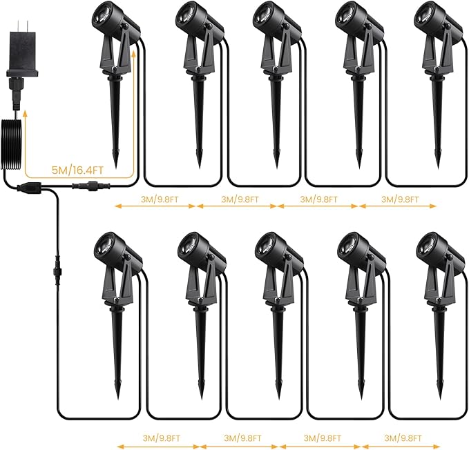 Low Voltage Landscape Lighting,10 Pack Outdoor LED Landscape Spotlights with Transformer 27V Garden Lights Pathway Lights IP65 Waterproof 3000K Warm White