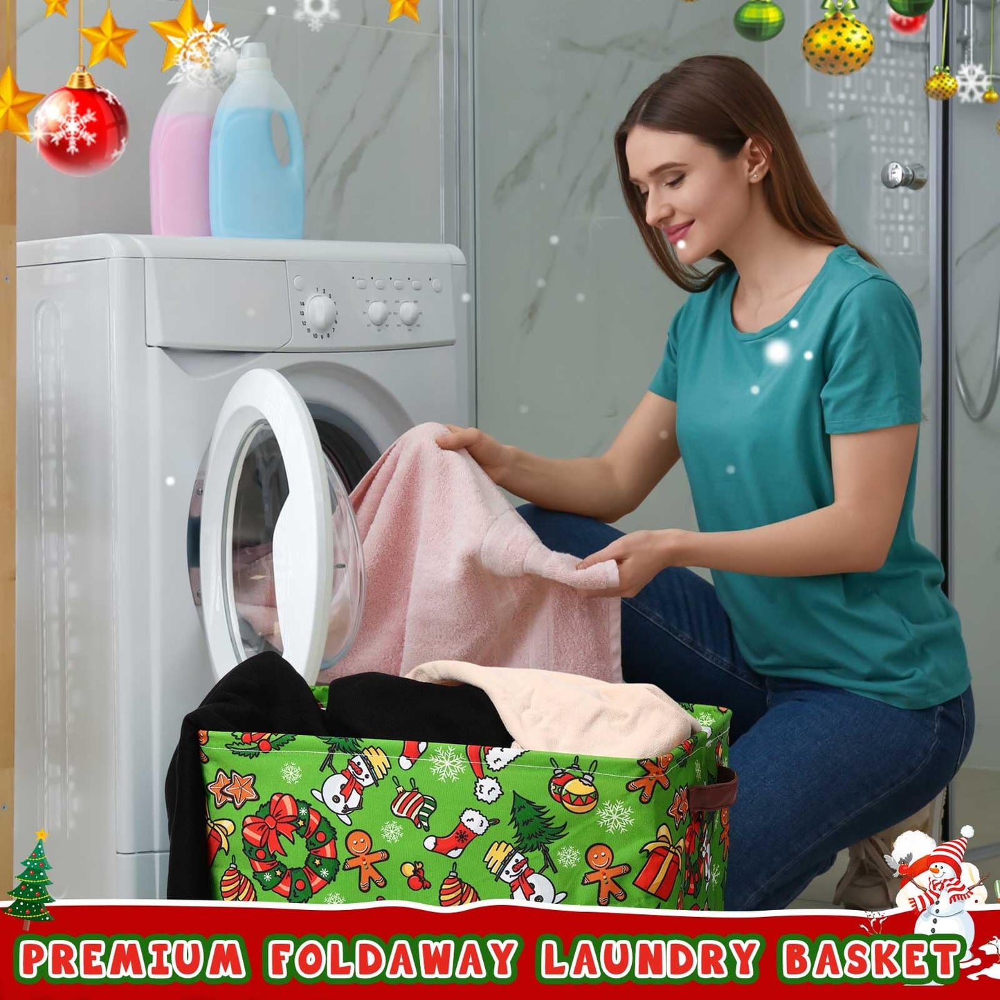 Boao 3 Pack Christmas Storage Baskets for Gifts Empty Collapsible Large Christmas Storage Bins, Canvas Laundry Basket with Handle Xmas Containers for Office Home Bedroom Clothes Toys Holiday Decor