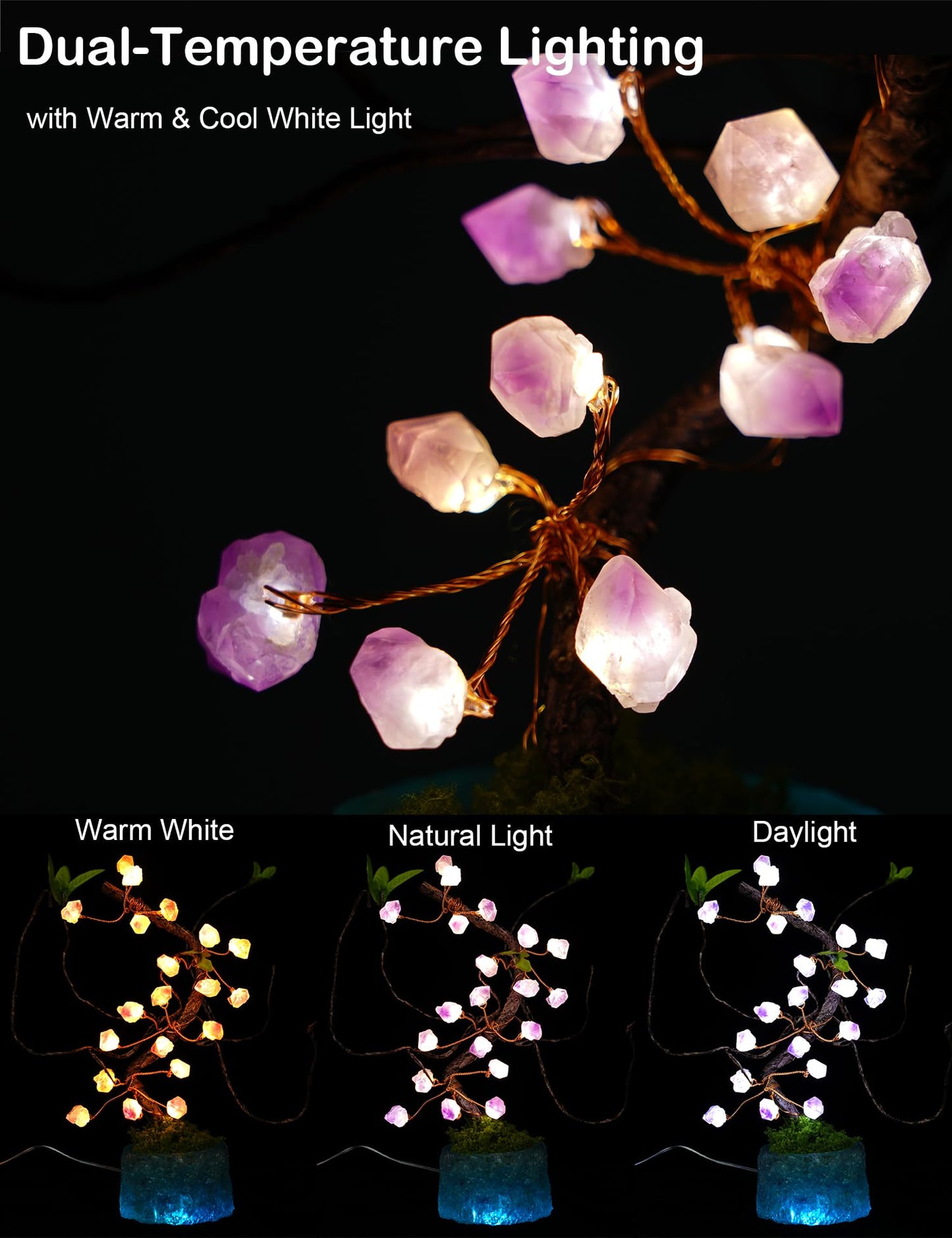 BOHON 10.6" Crystal Tree of Life Night Light with Remote & Timer, USB/Battery Powered, Adjustable Warm to Cool White, Healing Stone Decor, Unique Gift for Women, Housewarming, Birthday