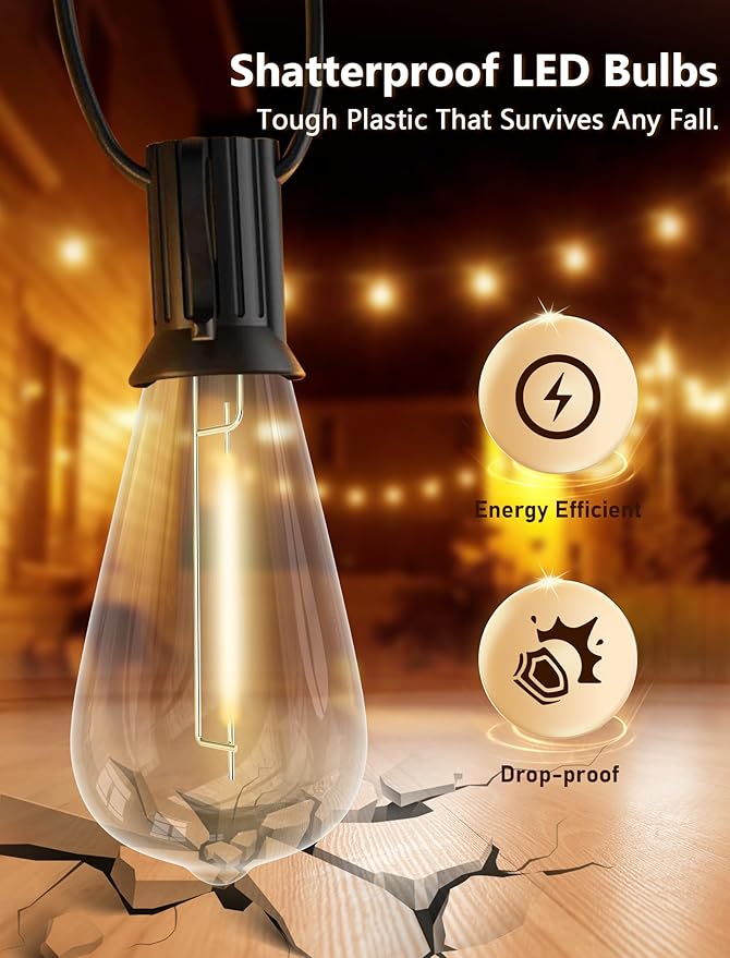 Abeja ST40 45Ft String Light with 30 LED Vintage Light Bulbs(2 Spare), E17 Scoket Base, ST40 LED Patio String Lights UL Listed for Patio Backyard Garden Bistro Porch String Lights, Black