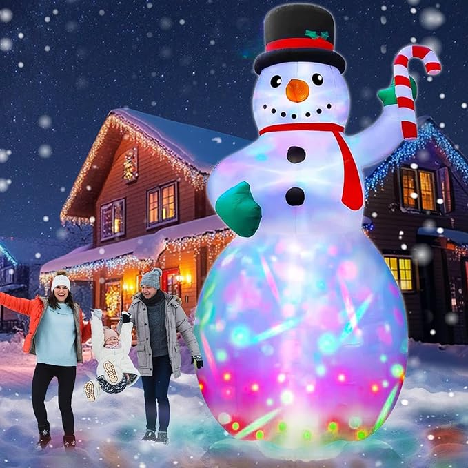 TURNMEON 12Ft Giant Christmas Inflatable Snowman Holds Candy Cane Decoration Outdoor Blow Up with Color Rotating LED Lights Stakes Tethers Christmas Decoration Home Yard Lawn Garden Xmas Holiday Party