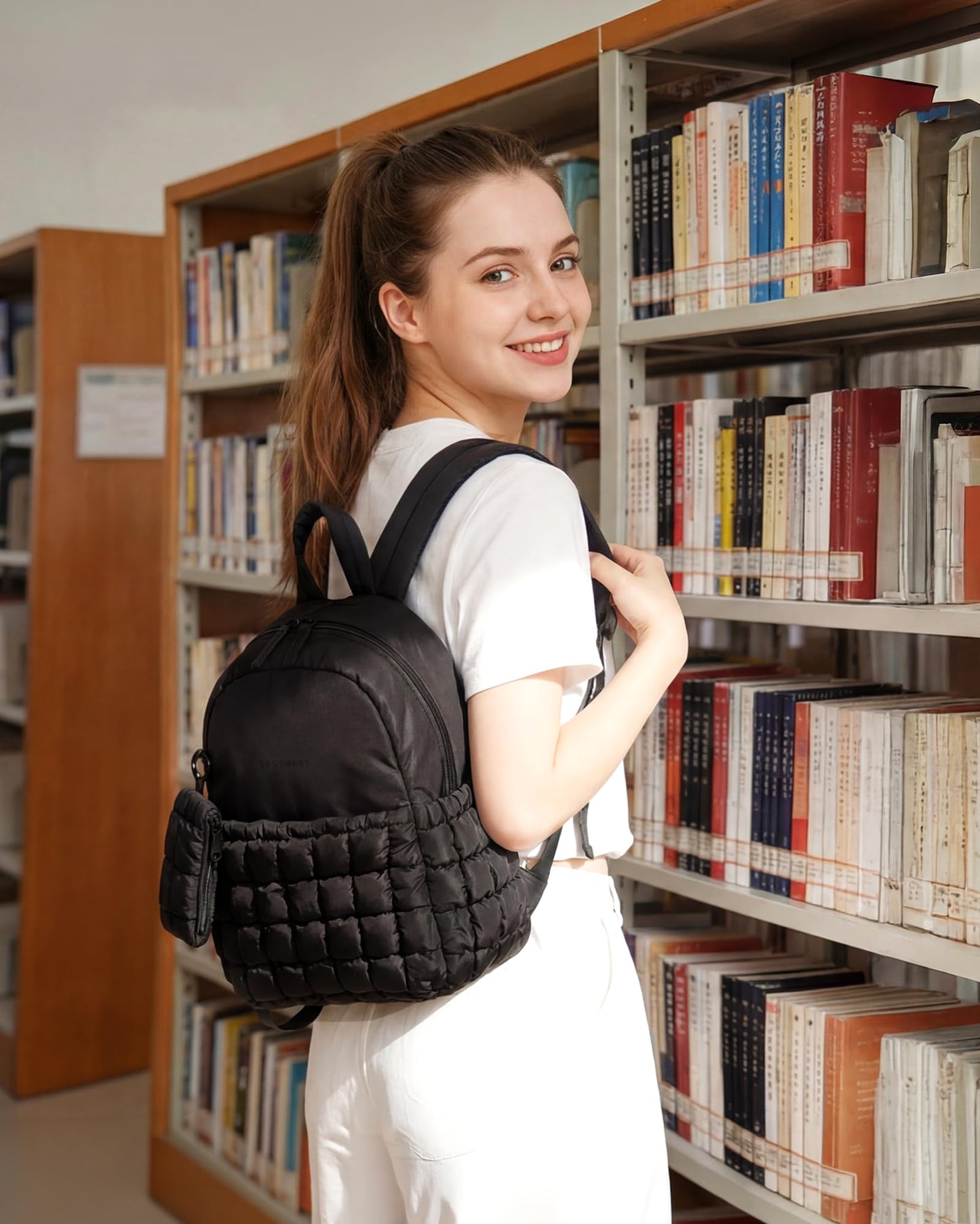 BAGSMART Mini Backpacks for Women, Puffy Checkered Quilted Small Backpack with Pouch, Lightweight Daypack Purse, Water-Resistant Bookbag for Daily Travel College, 2-in-1 Set, Black
