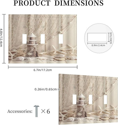 Nautical Coastal 3 Gang Light Switch Covers Seashell Fishing Net Ocean Lighthouse Starfish Triple Toggle Wall Plate Decorative Switchplate Electrical Faceplate Beach Theme Decor