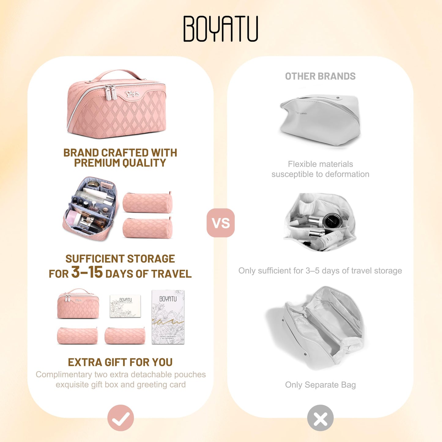 BOYATU Travel Makeup Bag for Women: Large Capacity 3-Piece Quilted Cosmetic & Toiletry Organizer - 2 Detachable Pouches Expand Storage by 50%, Open Flat for Easy Packing, Waterproof PU Leather(Pink)