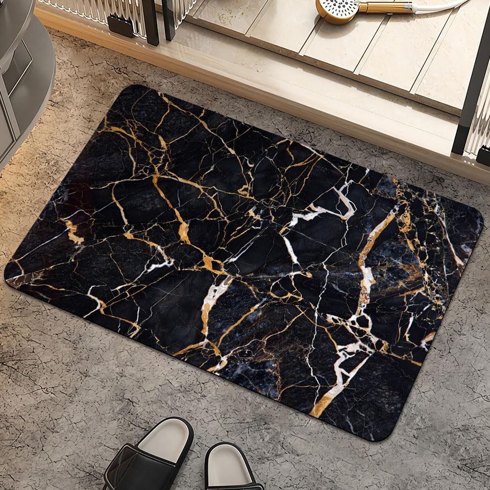 Bath Mat Rug,Black marble with yellow and white Non Slip Quick Dry Super Absorbent Thin Bathroom Rugs Fit Under Door-Easy to clean Bathroom Floor Mats-Shower Rug for Shower Sink Bathtub(16" x 24"In)