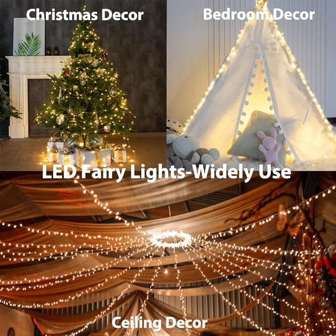 Warm White 164Ft Plug in Fairy Lights Silver Wire 500 LEDs, 8 Modes, Waterproof, Remote - Controlled for Bedroom, Garden, Party, Christmas, Wedding & Birthday Decor, Indoor & Outdoor Use