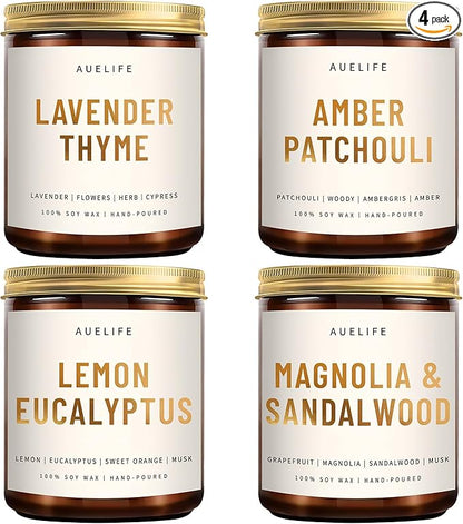 4 Pack Scented Candles Set | Scented Candles for Home, Candle Gifts for Women Men, Soy Candle for Home, Aromatherapy Gift of Amber Patchouli/Lemon Eucalyptus/Lavender/Sandalwood