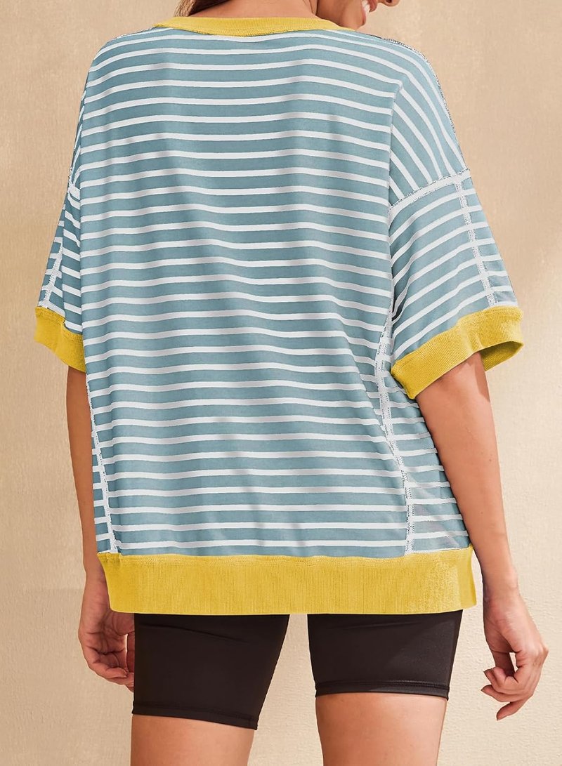 Casual Women's Striped Sweatshirt - Short Sleeve Crewneck Pullover T-Shirt | Loose Fit Blouse