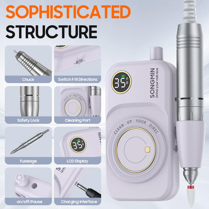 Professional Nail Drill 35000 RPM,SONGMIN Portable Cordless Efile with Bits Kit for Acrylic Nails Gel Polishing Removing,Rechargeable Electric Nail File Machine for Manicure,Pedicure Salon Home,Pink