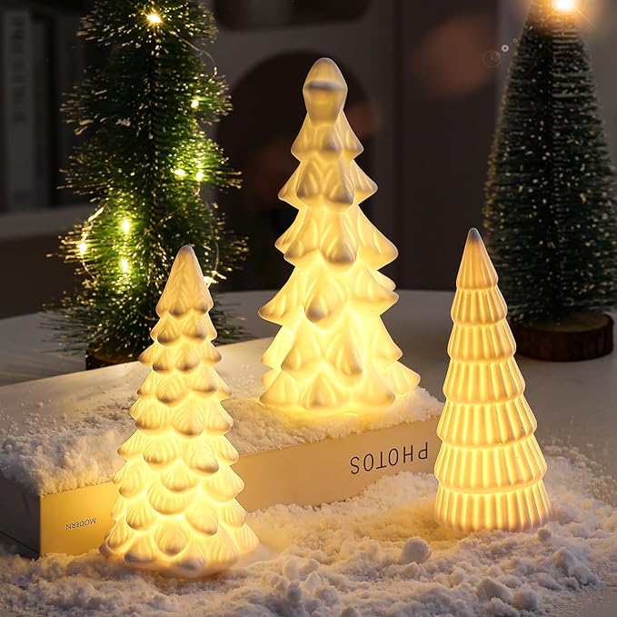 B SEPOR Light Up Ceramic Christmas Tree 3 Pack Small White Porcelain Trees with LED Xmas Figurines for Holiday Tabletop Decoration Mantel Shelf Fireplace for Home and Gift