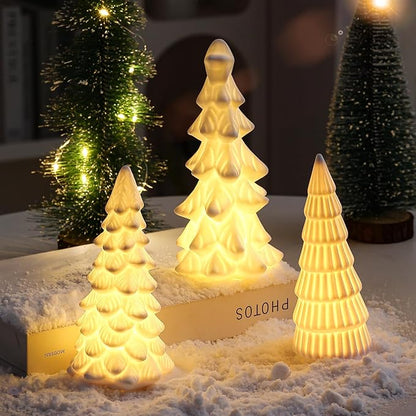 B SEPOR Light Up Ceramic Christmas Tree 3 Pack Small White Porcelain Trees with LED Xmas Figurines for Holiday Tabletop Decoration Mantel Shelf Fireplace for Home and Gift