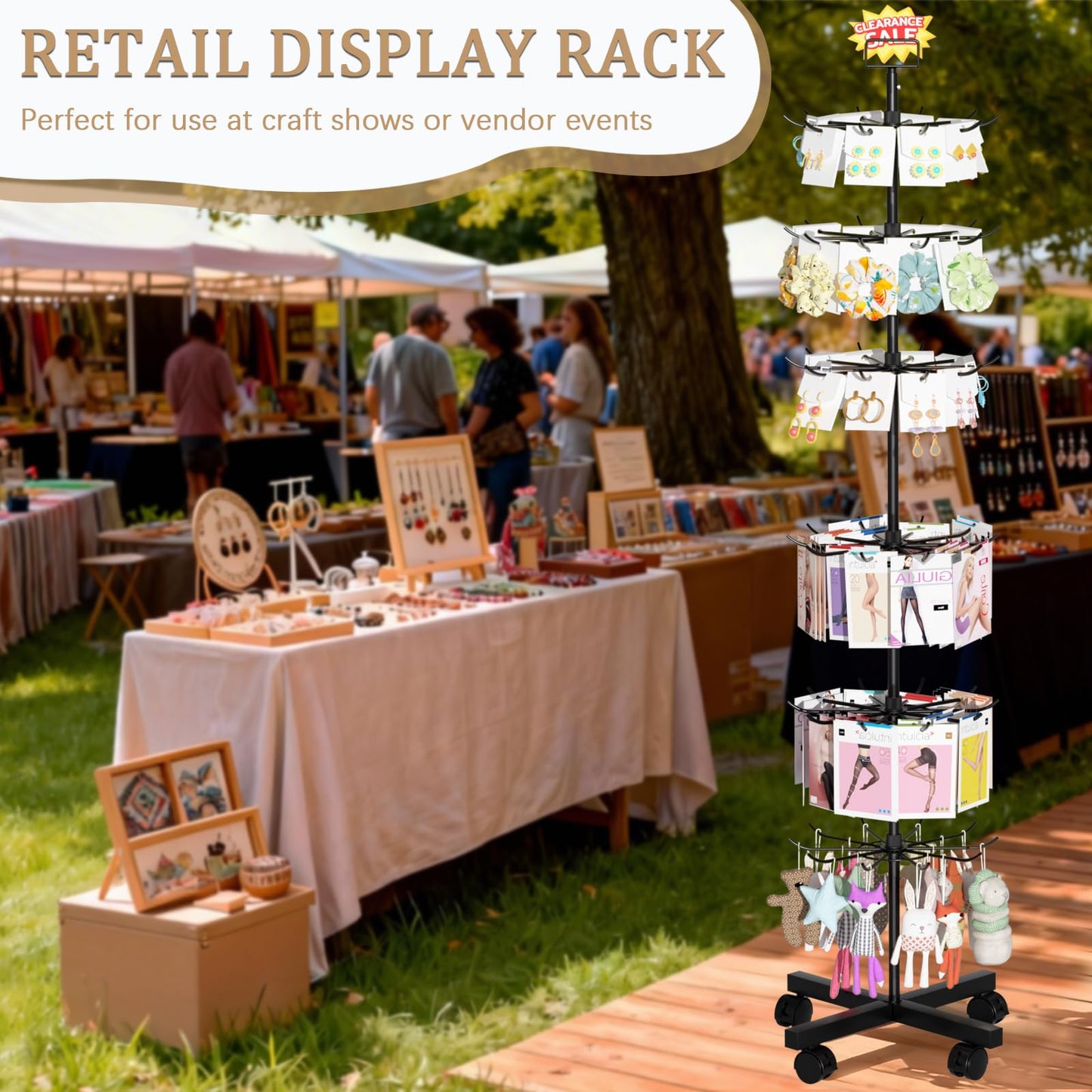 Exttlliy Retail Display Stand Store Display Rack 6 Tier Metal Spinning Display Stand Rack with Wheels Keychain Jewelry Stocking Hat Stand with Hooks for Malls, Showroom, Retail Store (6 Tier Black)