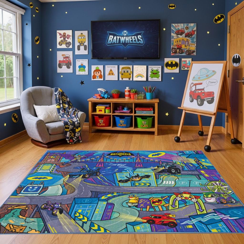 DC Batwheels Gotham City Racer Adventure Road Play Rug 5x7| Kids Interactive Toy Car Play Mat Carpet for Toddler Classroom, Playroom & Baby Nursery