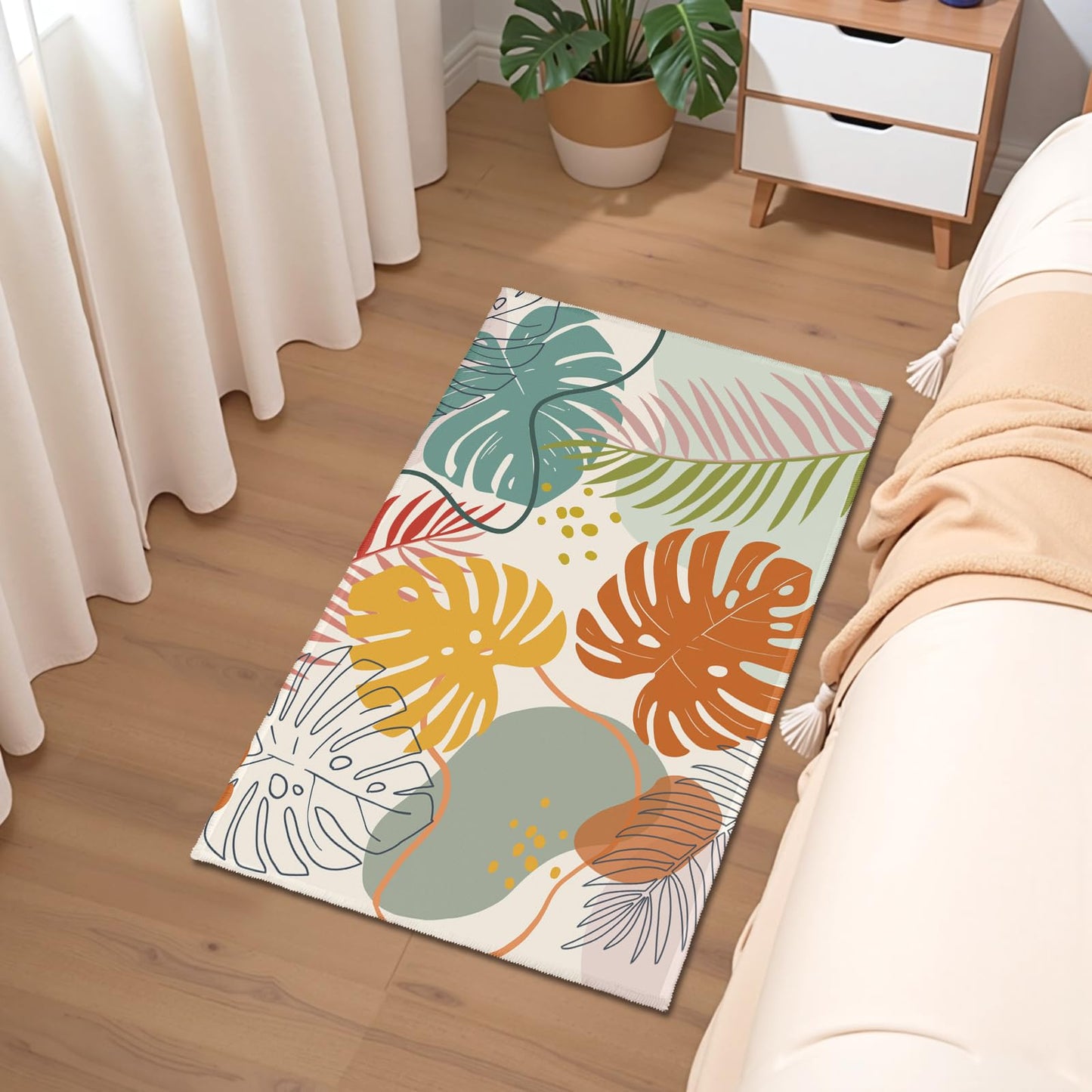 Wualmondor Abstract Tropical Rugs 2x3 Feet Colorful Monstera Palm Leaves Entryway Rug Boho Modern Art Non Slip Low Pile Throw Rug Doormat Carpet for Entrance Kitchen Bathroom