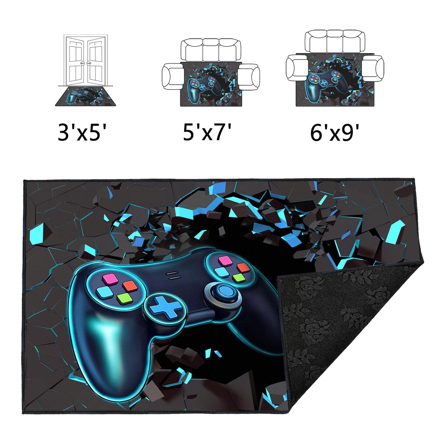 Rnmdn Gaming Rug for Room,5'x7' Non-Slip Cool 3D Gamer Rugs for Bedroom Livingroom and Game Room Decor