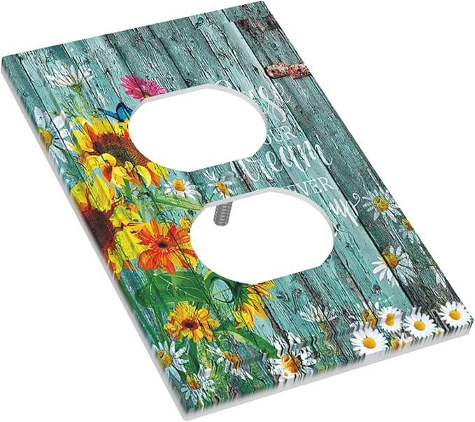 Turquoise Rustic Wood Planks Sunflower Butterfly 1 Gang Outlet Plate Decorative Single Duplex Wall Plate Covers Electrical Receptacle Light Switch Cover Switchplate for Country Bathroom Decor