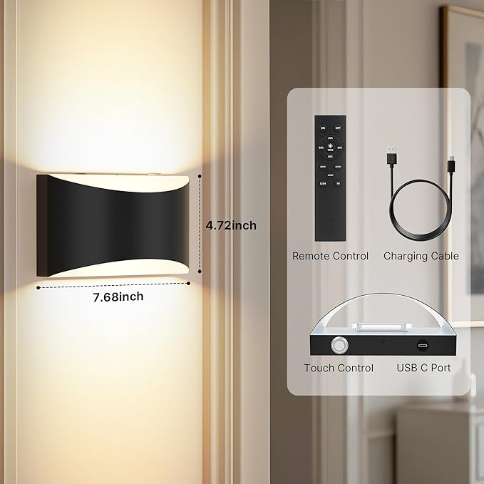 FOLKSMATE Battery Operated Wall Sconces Set of 4, Rechargeable Wireless Remote & Touch Control Wall Lamps, 3 Color Temperatures, Cordless Dimmable Lamp for Bedroom, Living Room, Hallway