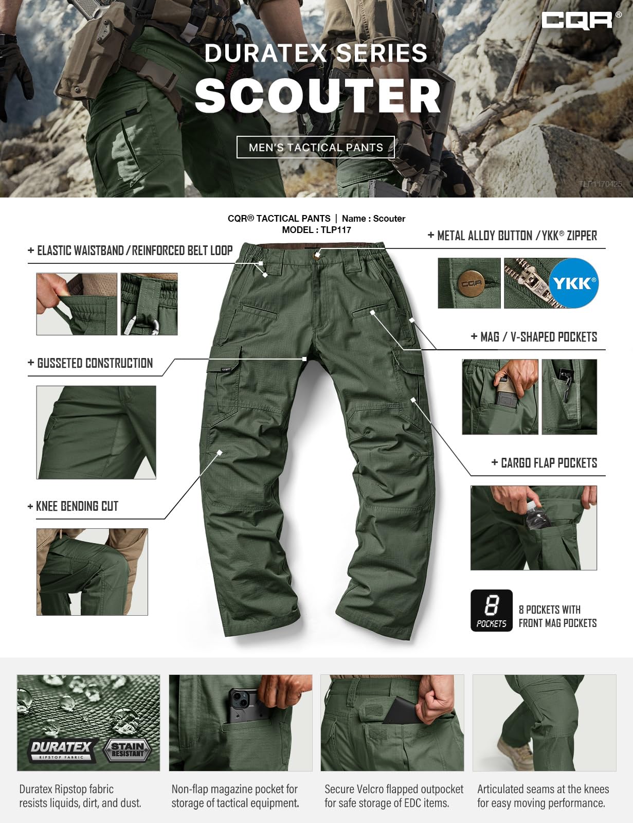 CQR Men's Tactical Pants, Water Resistant Ripstop Cargo Pants, Lightweight EDC Work Hiking Pants, Outdoor Apparel, Raider Green Kelp, 38W x 34L