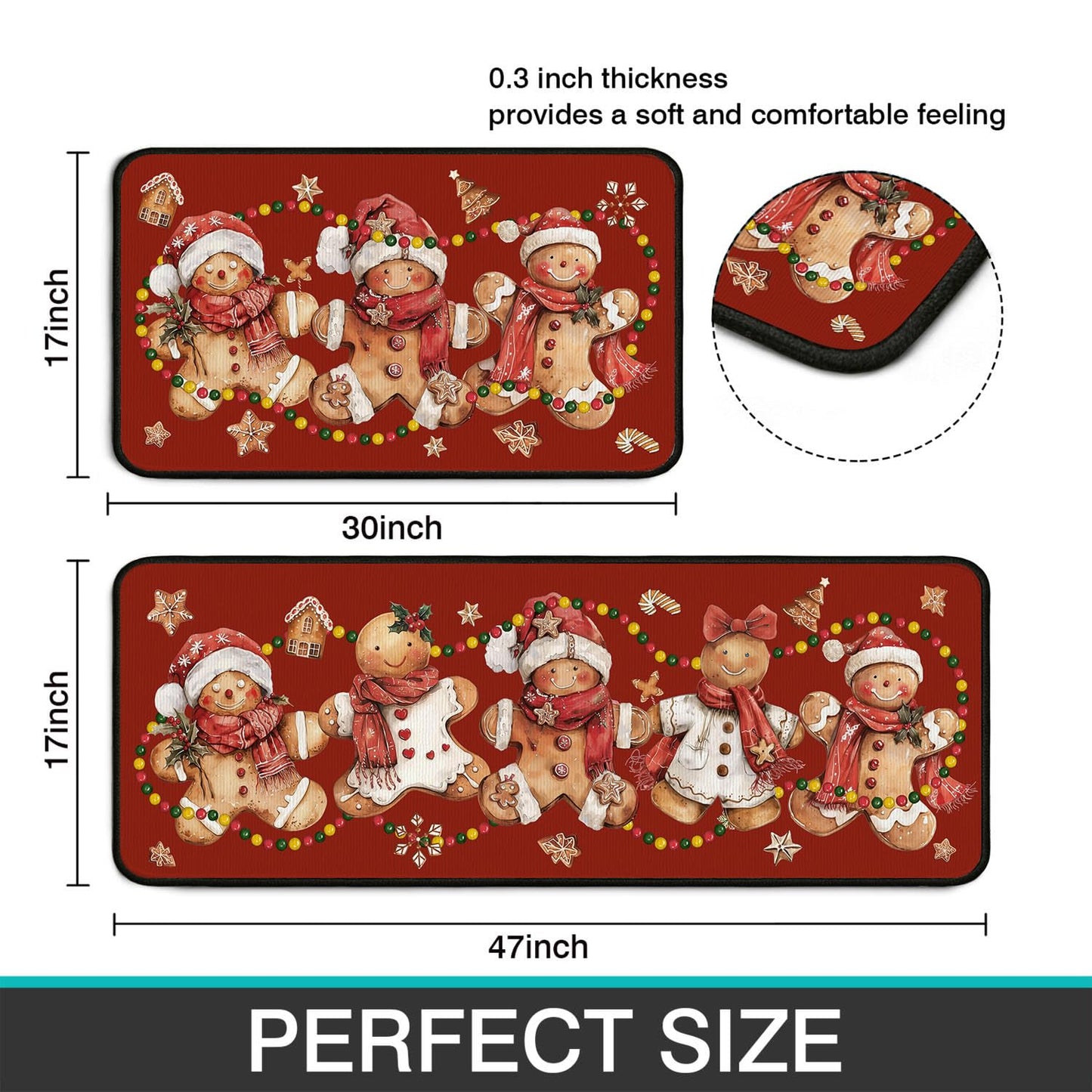 Christmas Kitchen Mats for Floor, Gingerbread Kitchen Rugs Sets of 2,Red Xmas Non-Slip Washable Kitchen Decor Floor Rug Home Decoration Doormat 17"x30"+17"x47"