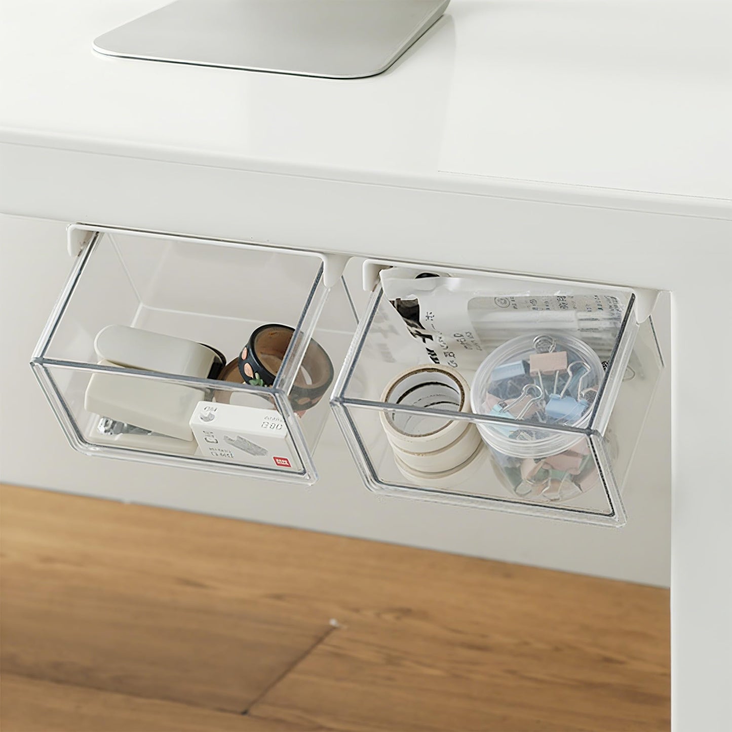 LUWOO 2 Pack Self-Adhesive Under Desk Drawers, Slide Out Storage Organizer for Under Table and Mirror Cabinet, Clear Dispenser Box for Holds Cotton Swabs, Floss Picks, Hair Clip, Rubber Band