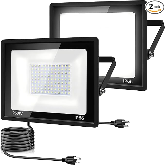 2 Pack-250W LED Flood Light Outdoor,30000LM LED Work Light with US Plug,6000K Daylight White,IP67 Waterproof Outdoor Floodlights for Yard,Garden,Playground