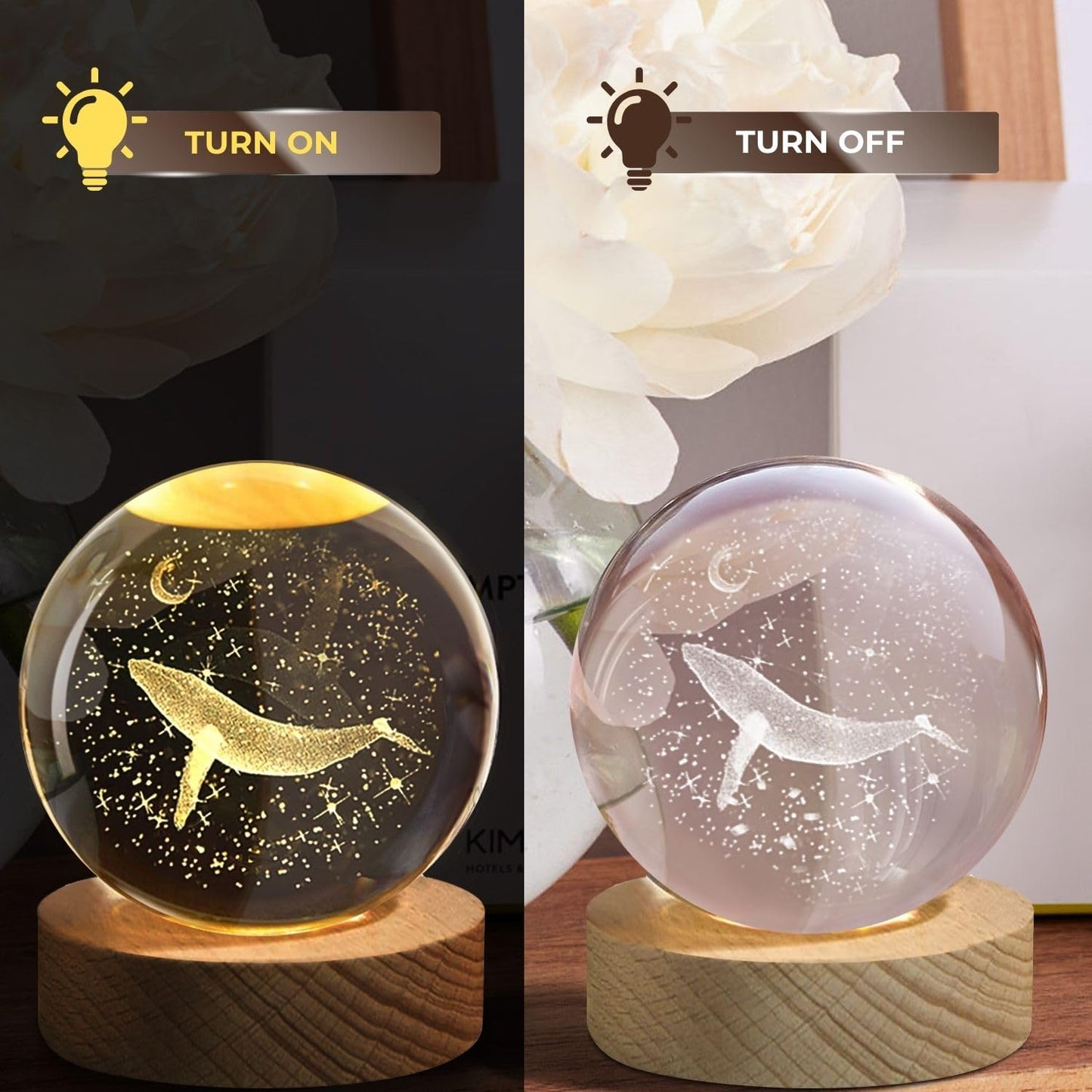 Flexzion 3D Whale Crystal Ball Night Light - LED Light Hologram Glass Lamp with Solid Wood Base, USB Powered Crystal Ball Lamp with Adjustable Brightness for Home Decor Display Gift, 2.4inch(60mm)